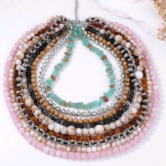 Womens Multi Layered Natural Stone Necklace - Picture 3 of 5